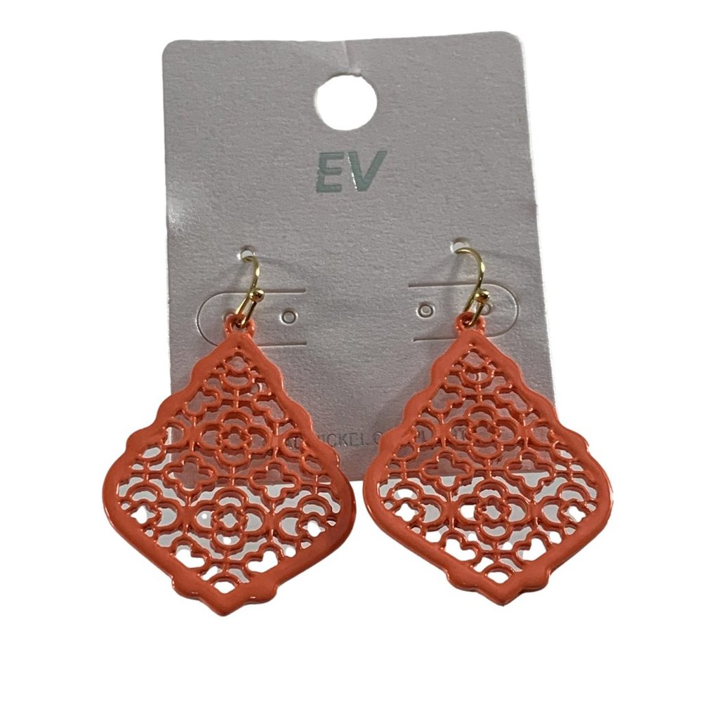 EV Earrings Lattice Metal Peachy Orange Enamel Dangle Teardrop Shape 2" Long